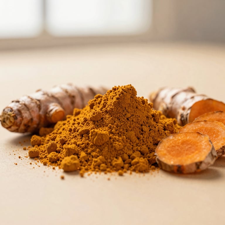 Macro close-up of vibrant raw turmeric powder and sliced turmeric root on a warm beige background, soft side light