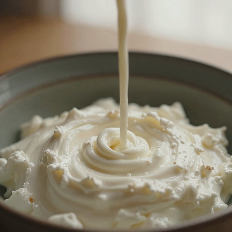 Macro close-up of fresh creamy goat milk pouring into a dark ceramic bowl, soft natural morning light, warm tones