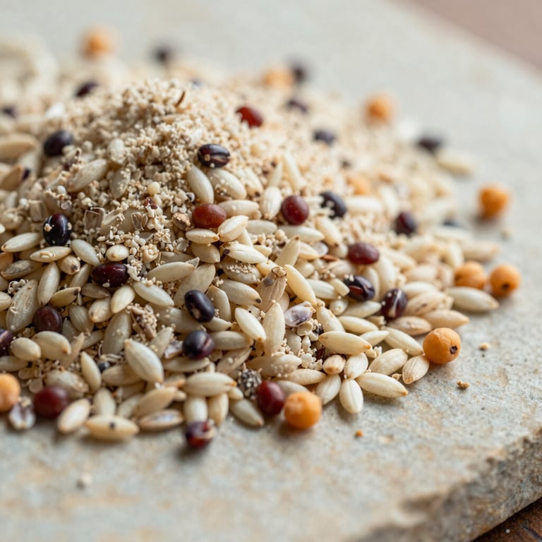Macro close-up of textured ground rice flour, red lentil, and chana dal grains mixed together on a light stone plate