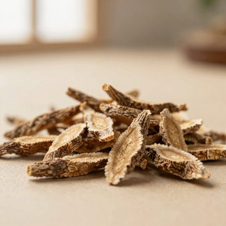 Macro close-up of dry mulethi licorice root pieces on a textured beige surface, soft natural light