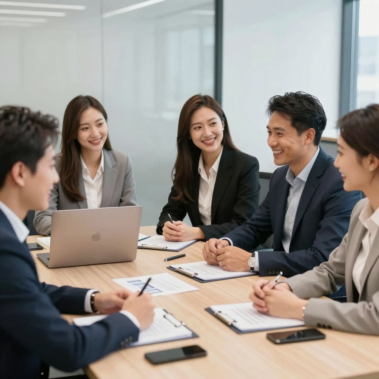 Modern office space with a professional financial advisor discussing options with clients