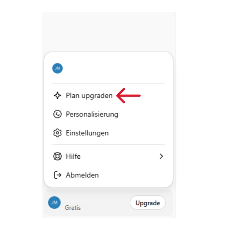 Screenshot des ChatGPT Menüs: Ein roter Pfeil zeigt auf die Option Plan upgraden