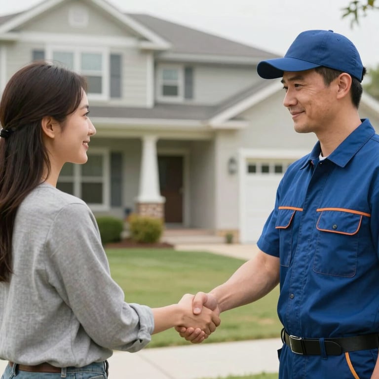 A service technician shaking hands with a homeowner in front of a well-kept house, representing trust and reliability.