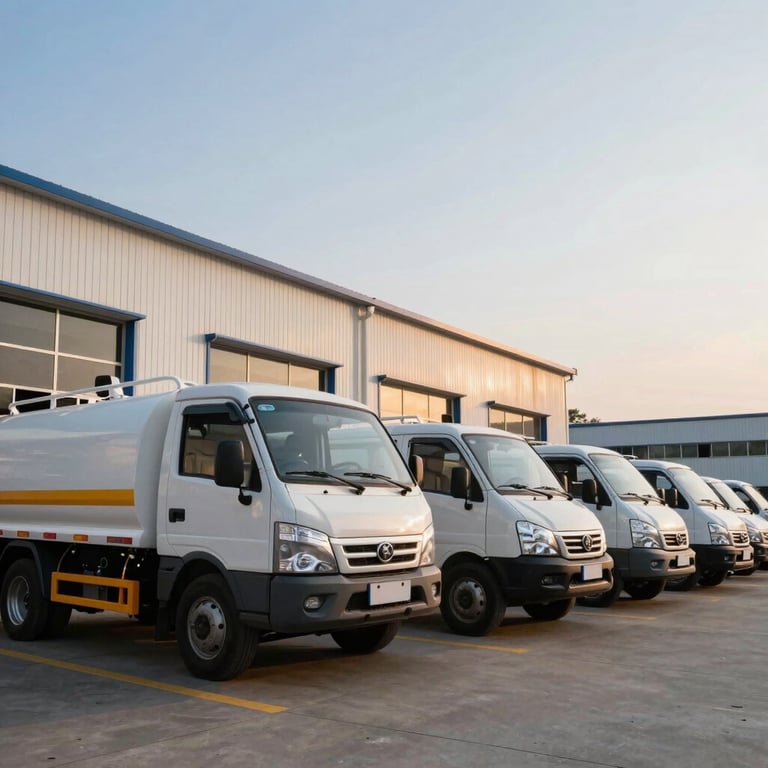 A fleet of clean, white septic service vehicles parked neatly at the company headquarters during a clear sunset.
