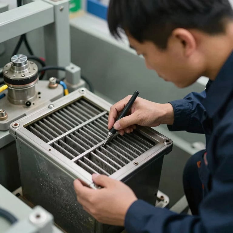 A professional technician examining a septic filter with focused attention, emphasizing expert care.