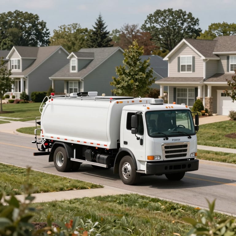 A wide shot of a clean, branded septic service truck driving through a beautiful North American residential neighborhood.