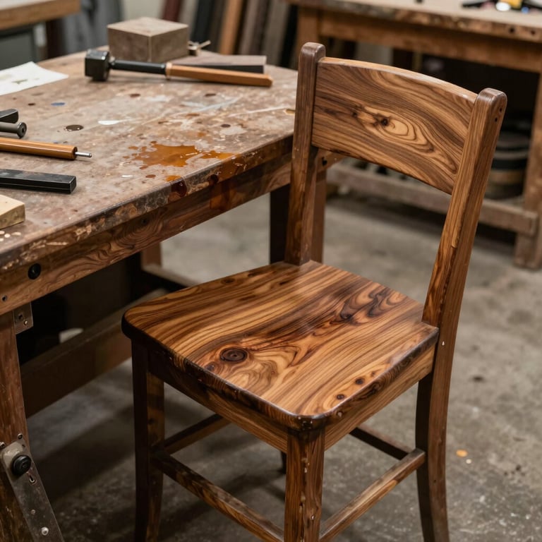 A craftsman's workbench in North American / Southern California with various wood stains and a focus on a restored antique chair showing meticulous grain detail.