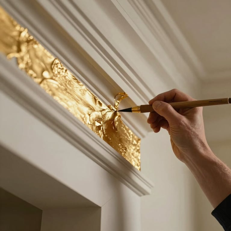 Detailed close-up of a professional hand applying gold leaf to architectural molding in a high-end North American / Southern California interior.