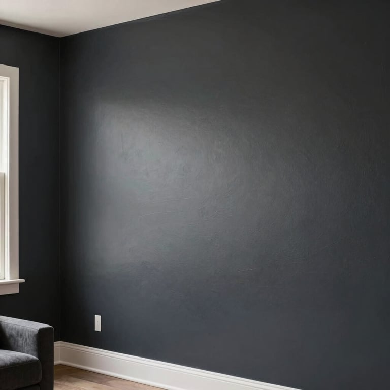 A freshly painted accent wall in a modern North American / Southern California living space, featuring a smooth, flawless dark charcoal finish.