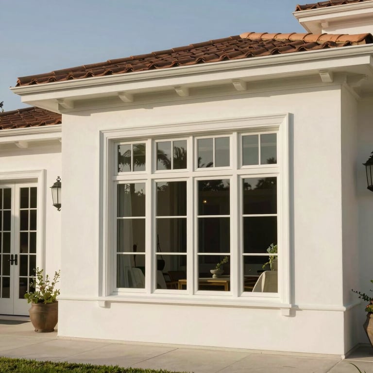 Exterior view of a luxury home in Pacific Palisades, North American / Southern California, showing precise off-white paint work on windows and eaves.