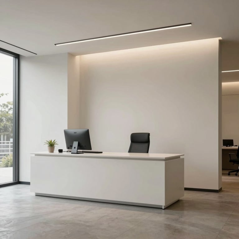 A clean, modern office interior in Calabasas, North American / Southern California, with perfectly applied neutral paint and sharp, clean edges.
