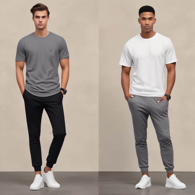 Close-up of neatly folded men’s jeans and shirts arranged on a minimalist wooden shelf.