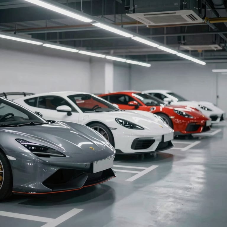 A row of luxury sports cars perfectly aligned in a high-security parking area with polished #1A1A1A flooring.