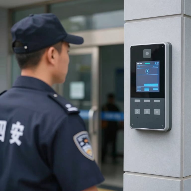 Close-up of a security guard monitoring high-tech access controls at a strategic entrance point.