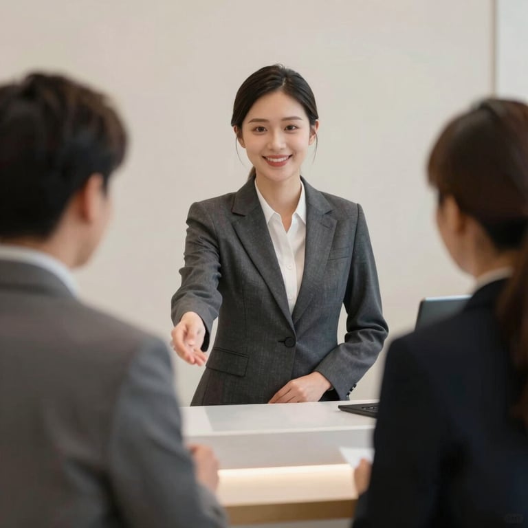 A professional receptionist greeting guests in a luxury clinic, wearing a charcoal #4F4F4F suit.