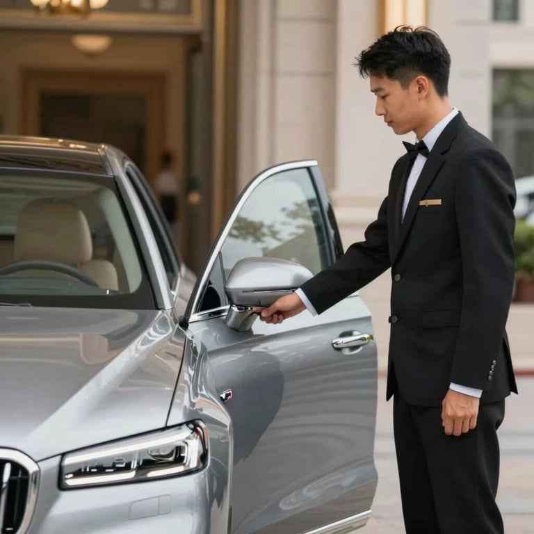 A valet attendant opening the door of a silver luxury vehicle at a grand event entrance.