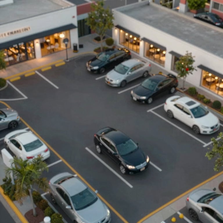 Overhead shot of an organized valet lot at a boutique store with marked spaces and premium lighting.