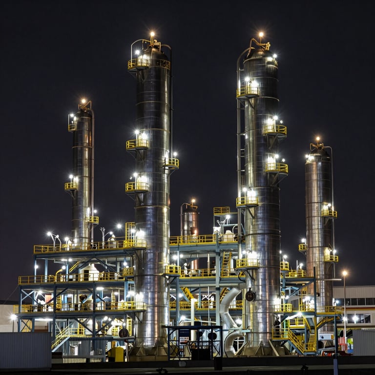 A nighttime photograph of a petroleum refinery with brilliant industrial lights reflecting off metallic structures.