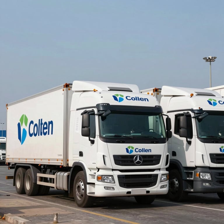A logistics fleet of professional transport trucks branded with a corporate logo at a coastal West African port.