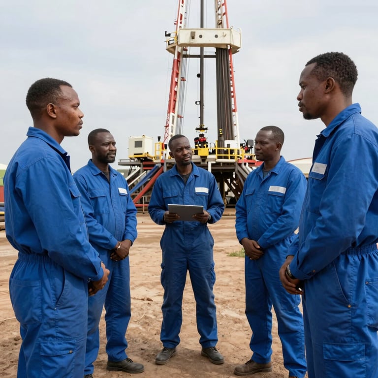 A team of West African technical specialists in blue jumpsuits conducting a safety briefing near a drilling site.