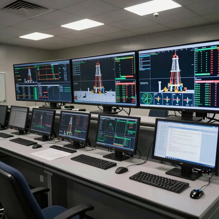 Interior of a high-tech control room with digital monitors displaying real-time drilling data and analytics.