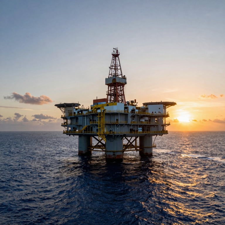 Wide-angle shot of an offshore oil platform at sunset in West African waters, with a deep blue ocean and golden sky.