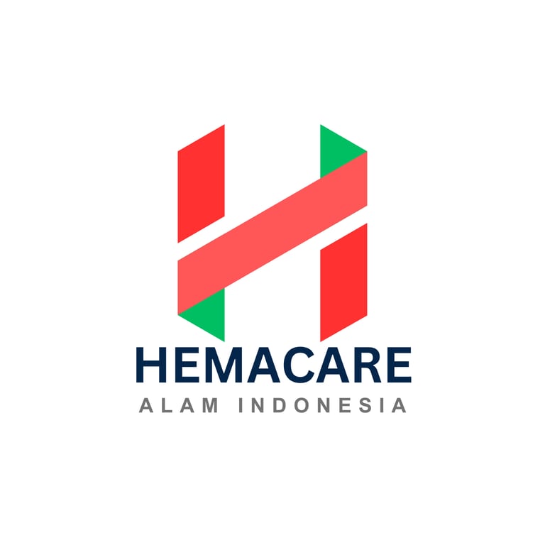 Official Hemacare Alam Indonesia logo featuring a red and green geometric H icon on a white background.