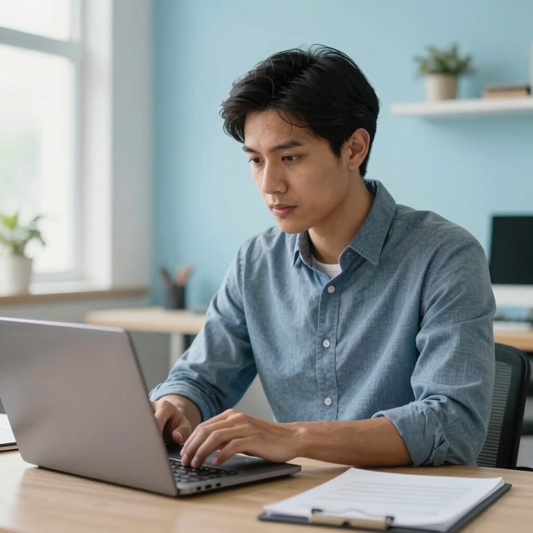 A focused South American professional working on a laptop in a bright, modern workspace with light blue decor.