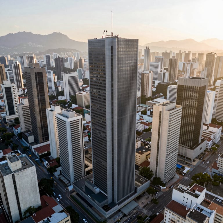 An aerial view of a bustling Brazilian business district at sunrise, featuring modern architecture.