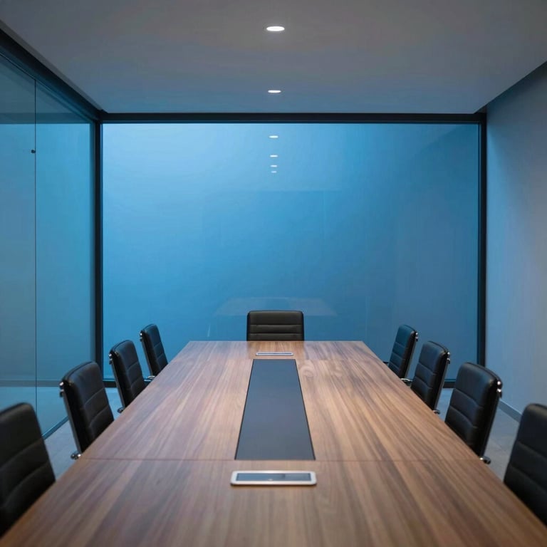 A minimalist meeting room in Brazil with glass walls and professional blue lighting, symbolizing transparency.