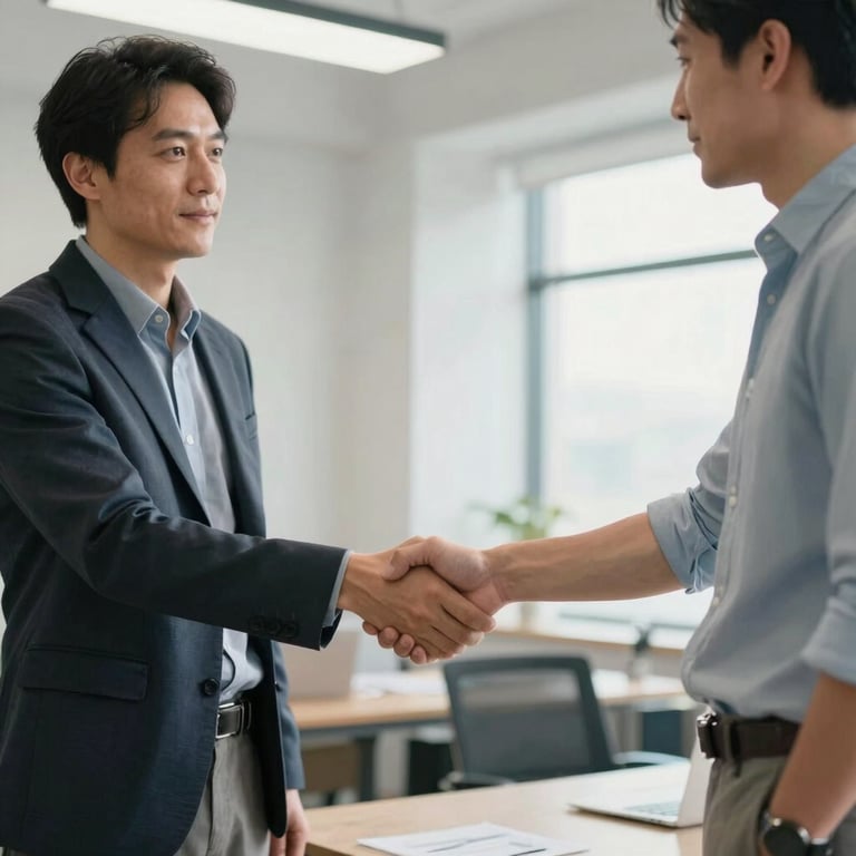 Two colleagues in business casual attire shaking hands in a light-filled office, expressing reliability.