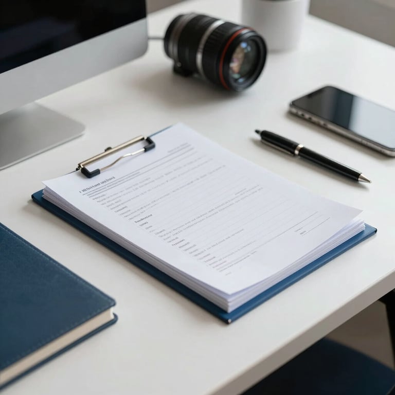Detailed shot of high-quality office materials and technology on a white desk with medium blue accents.