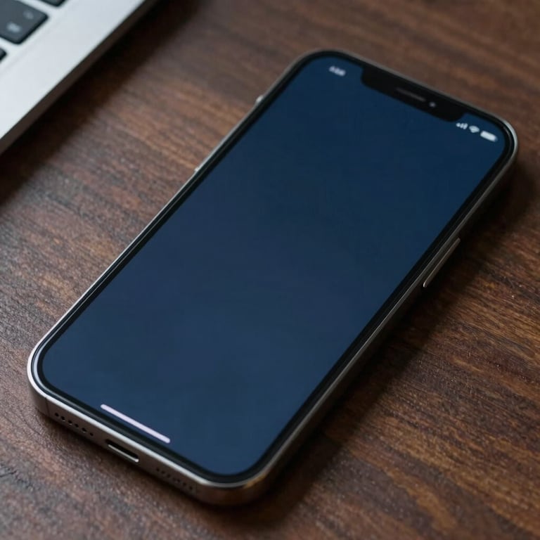 Close-up of a modern smartphone displaying a clean, dark blue interface in a professional setting.