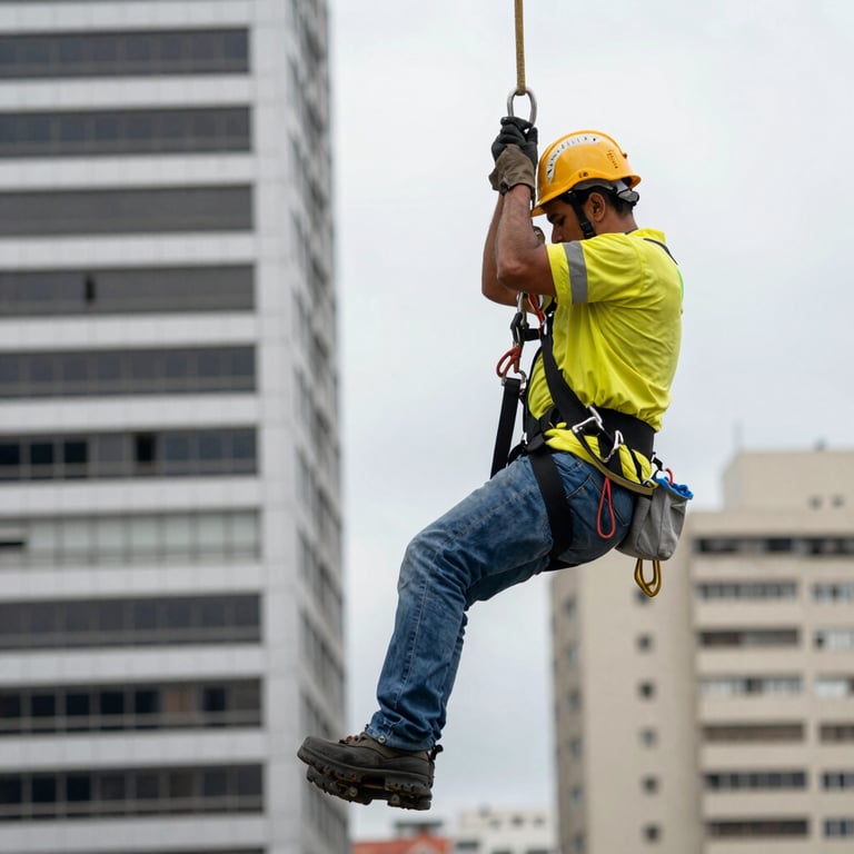 A South American worker performing a safety inspection of fall arrest equipment on a high-rise structure in a Colombian city.