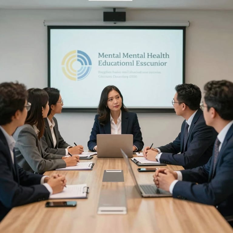 A group of professionals in a corporate meeting room in Bogota discussing mental health and occupational risks in the education sector.
