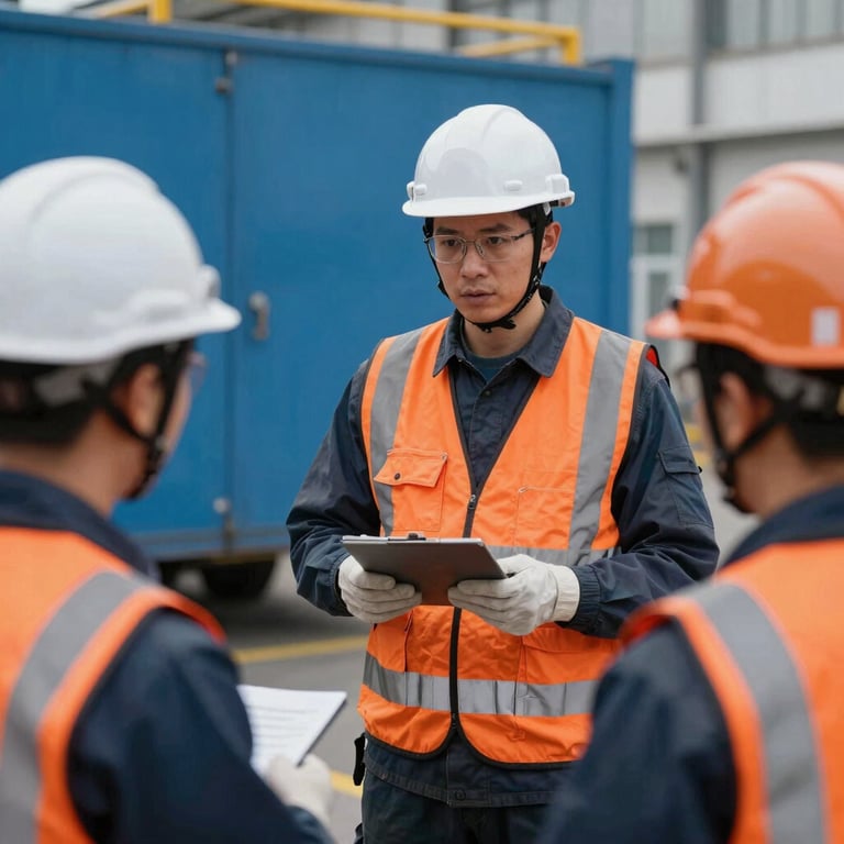 Detailed photography of a safety coordination training session with specialized gear in an industrial blue and safety orange color scheme.
