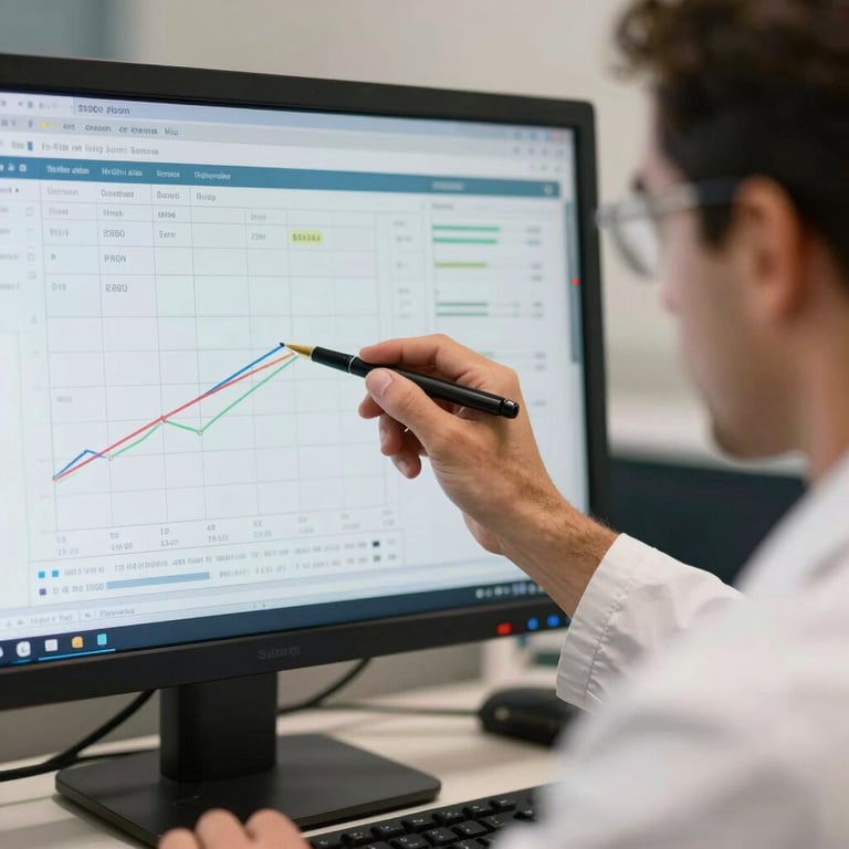 Close-up of a specialist HSEQ professional, Ing. Ricardo Romero type, analyzing accident data on a large monitor showing statistical trends.