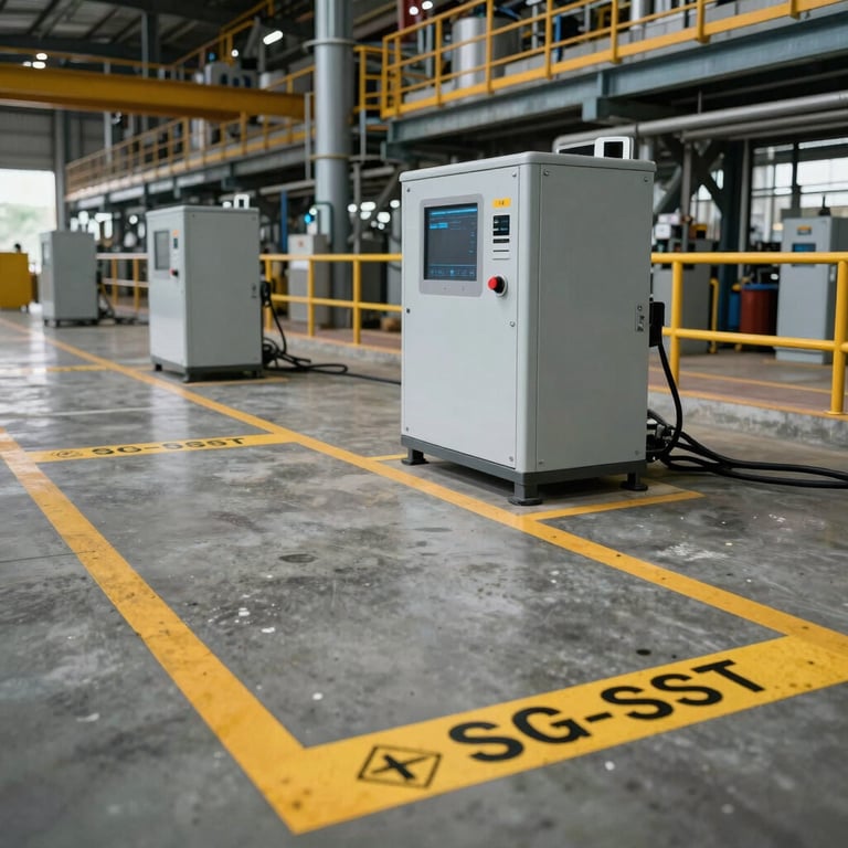 An industrial plant floor in Colombia showing the implementation of a modern SG-SST system with clear safety markers.