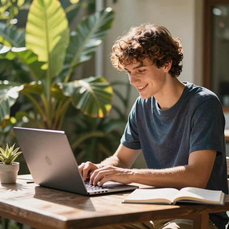 A smiling student on a sunny outdoor terrace studying German on a laptop, vibrant green tropical foliage in the foreground, bright warm sunlight, high contrast.