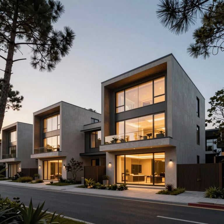 Wide angle architectural render of a modern luxury townhouse village at dusk, golden light glowing from large triple-glazed windows, surrounding pine trees, low angle shot.