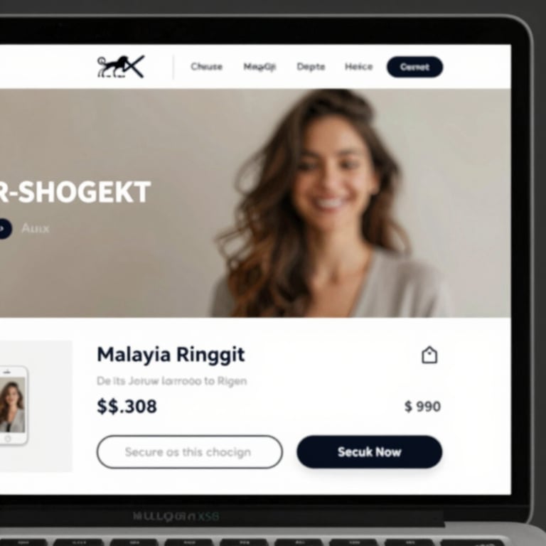 An e-commerce website interface showing Malaysian Ringgit pricing and a secure checkout button, modern and clean style.