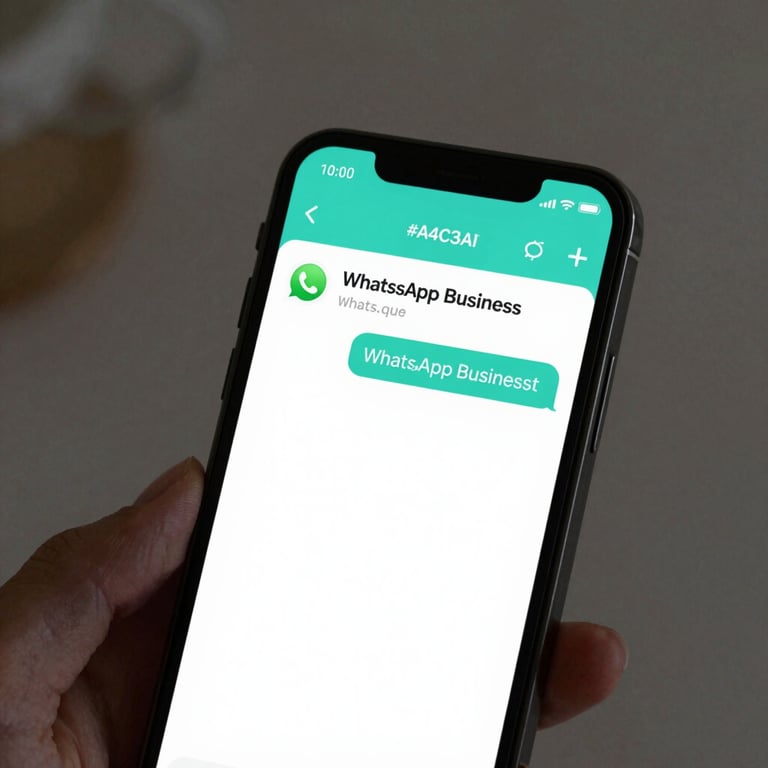 A closeup of a mobile phone displaying a WhatsApp Business chat window for a local boutique, professional lighting with #A4C3A8 accents.