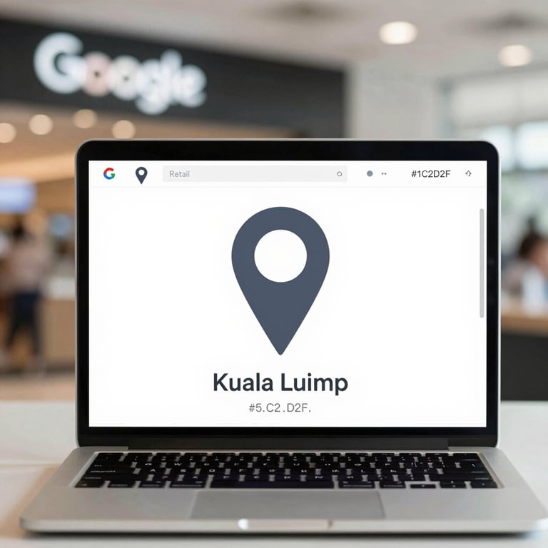 A laptop displaying a Google Maps location pin for a retail store in Kuala Lumpur, sophisticated #1C2D2F color scheme.