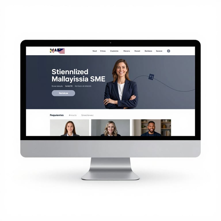 A desktop view of a professional service website for a Malaysian SME, emphasizing streamlined navigation and #4A6C70 tones.