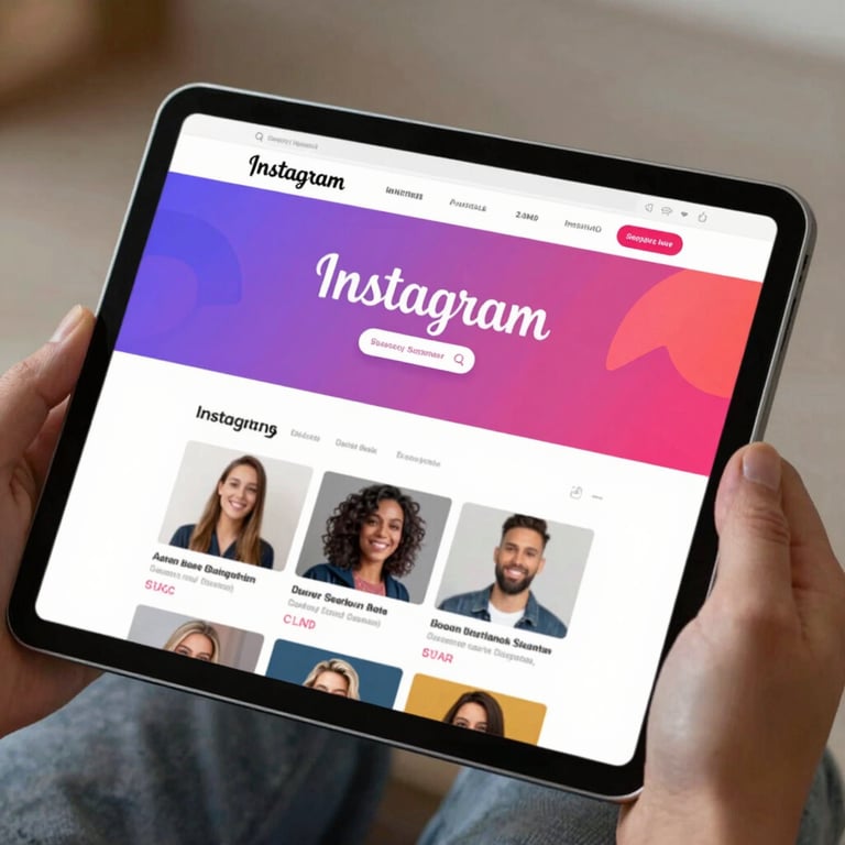 A tablet showing a business's Instagram feed integrated into a website layout, vibrant and modern feel.