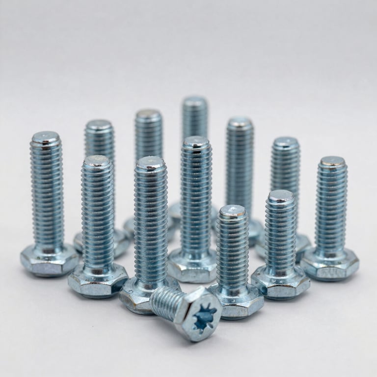 Close-up of high-quality finished steel bolts and fasteners arranged neatly on a white smoke background, showcasing precision manufacturing.
