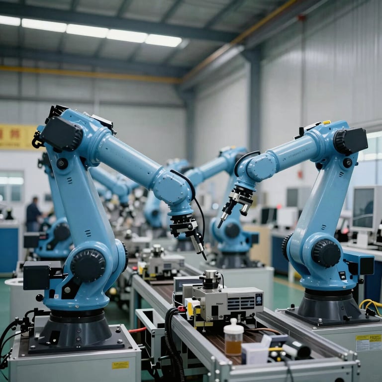 A wide shot of a modern industrial assembly line with robotic arms in an oxford blue and charcoal grey facility in Pune.