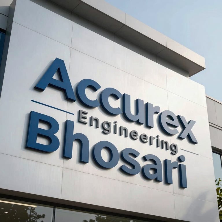 A low-angle shot of the modern Accurex Engineering signage on a platinum finished wall at the entrance of the Bhosari facility.
