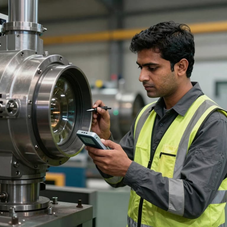 A professional South Asian / Indian engineer wearing charcoal safety gear inspecting a large metal industrial component with a digital measuring tool.