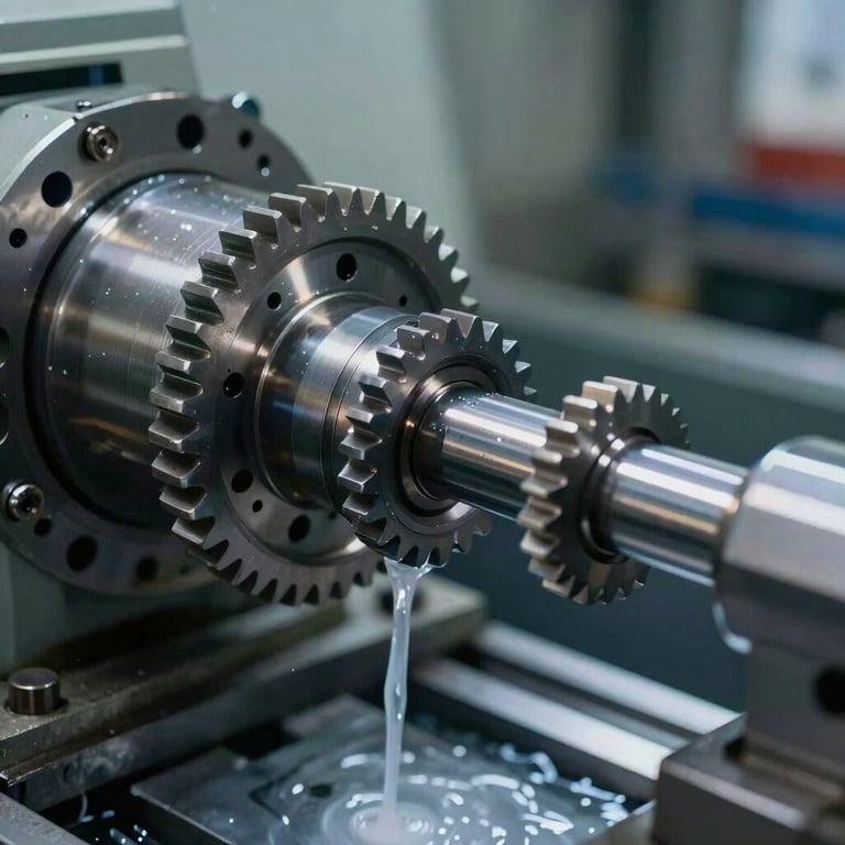 A close-up photograph of a precision gear being machined on a CNC lathe with coolant fluid, platinum and steel blue color tones, in a South Asian / Indian workshop.
